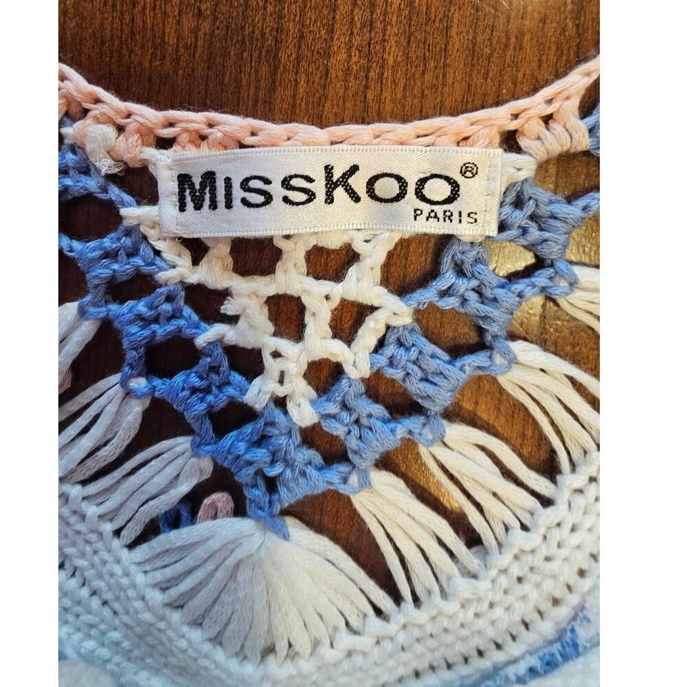 Miss Koo Paris Fringe Blouse Knit Crochet Cotton Blend Festival Boho Shirt Sz L - Picture 2 of 11